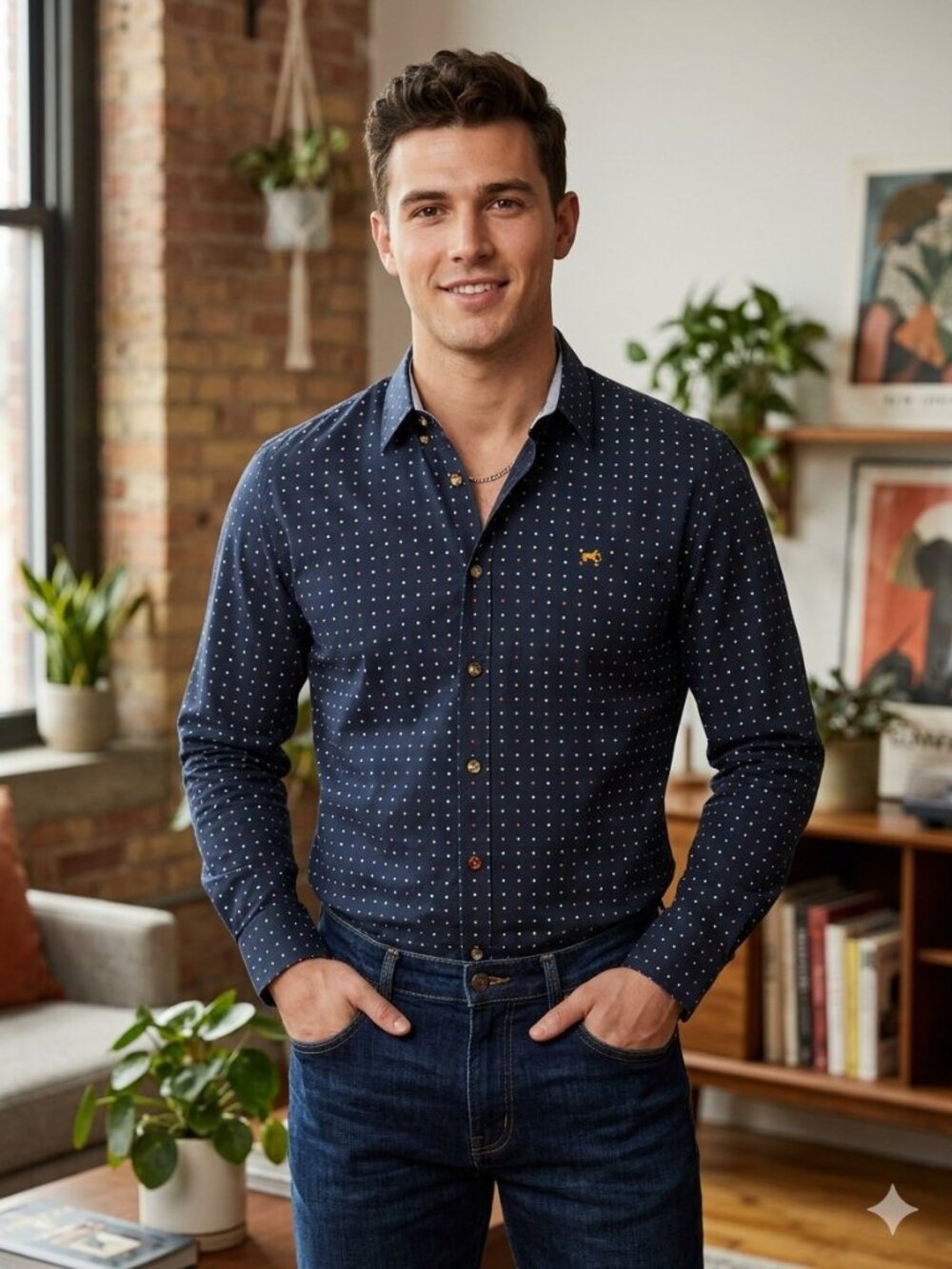 Moods Of Norway Slim Fit Navy Polka Dot Pattern Shirt 100% Cotton Large